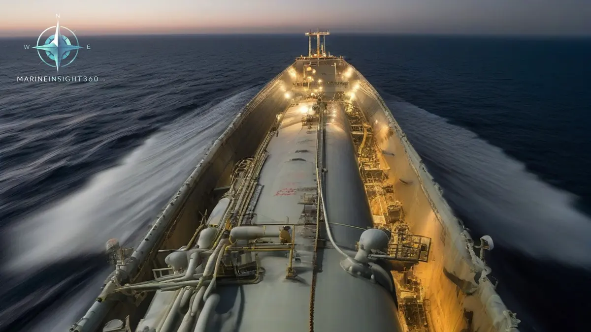 Laden crude oil tanker under way in the Strait of Hormuz at dusk with a patrol craft on the beam