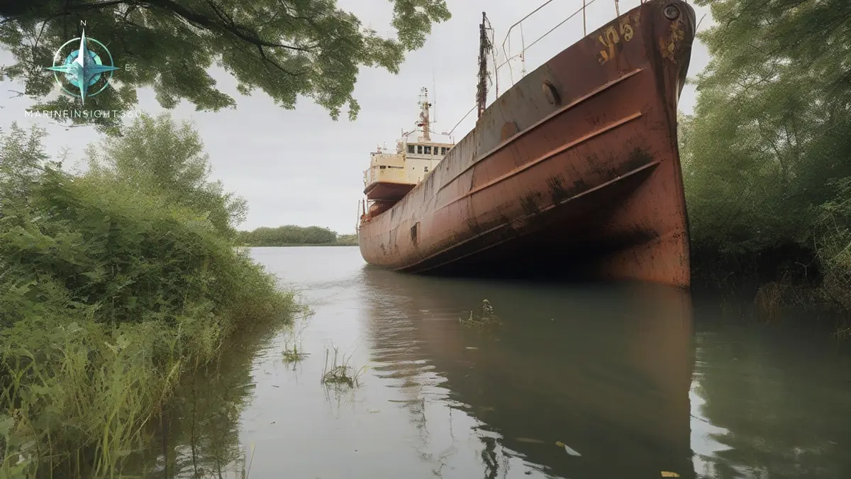 Half submerged cargo ship wreck heeled over in shallow coastal water beside a yellow wreck buoy