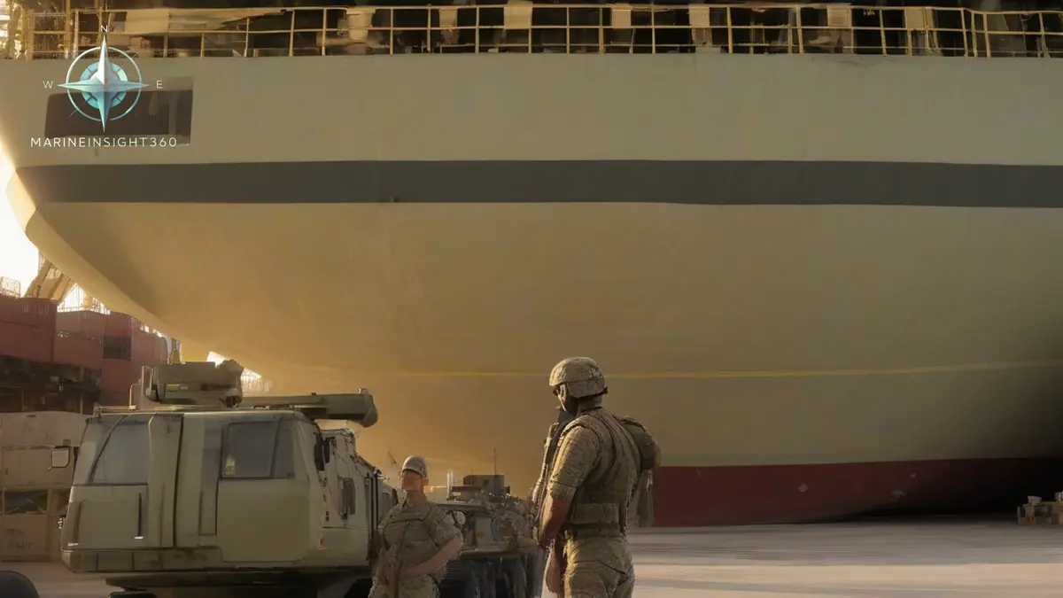Troops walking a military logistics berth beside blast barriers with a ramp-down roll-on ship alongside