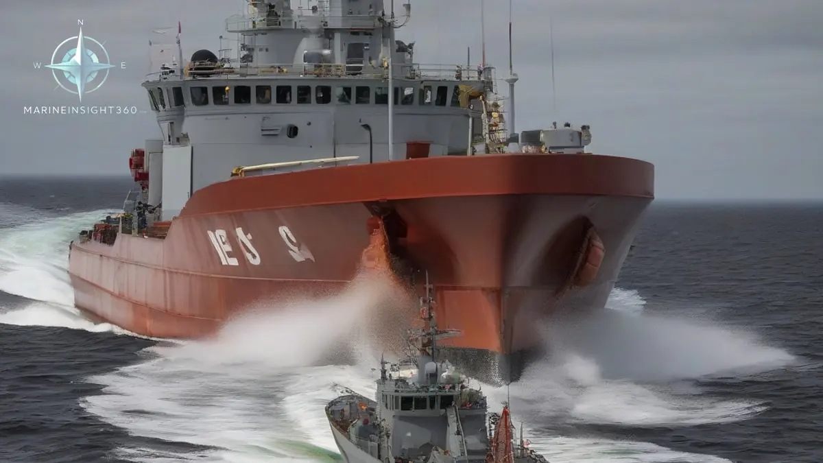 Swedish naval patrol vessel shadowing a rust-streaked laden tanker in the Baltic Sea in winter light