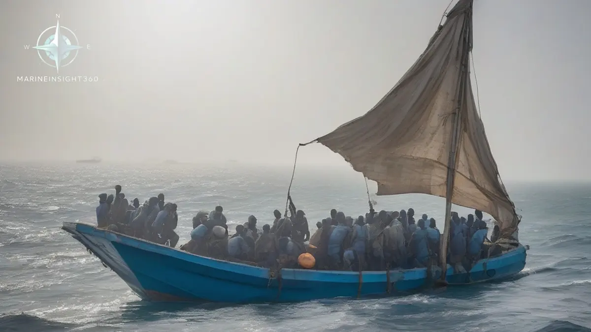 Naval boarding team in a rigid inflatable approaching a weathered wooden dhow off the Somali coast