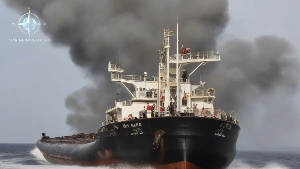 Product tanker with buckled and scorched maindeck plating after a cargo tank explosion at sea