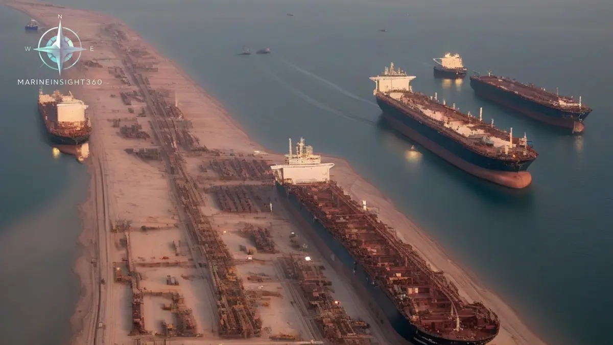 Crowded anchorage of crude and product tankers lying stopped outside the Strait of Hormuz at dusk