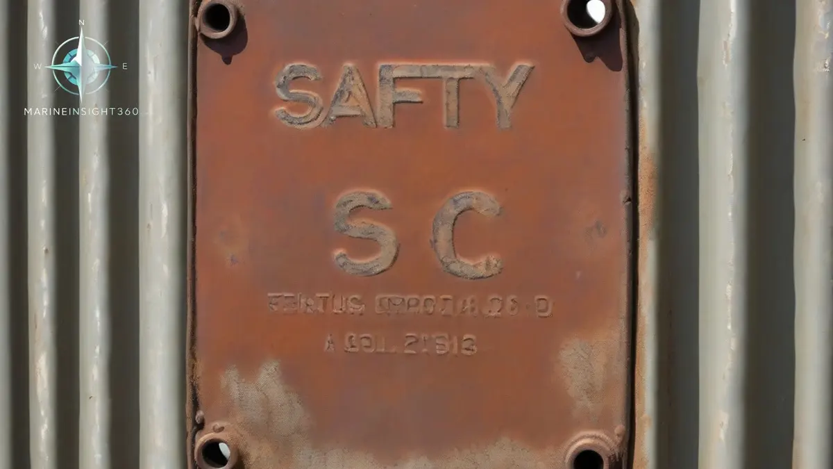 CSC safety approval plate on a weathered container door showing stamped tare weight and payload figures