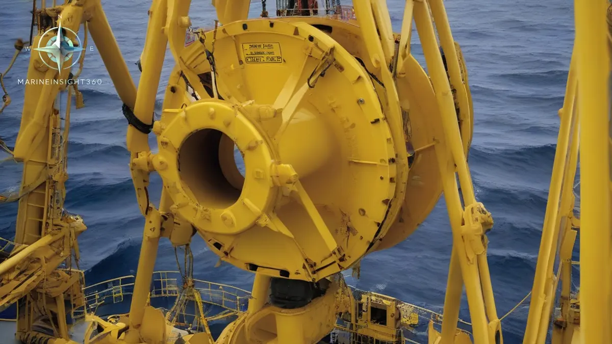 Knuckle boom crane on an MPSV aft deck lowering a subsea structure in North Sea swell