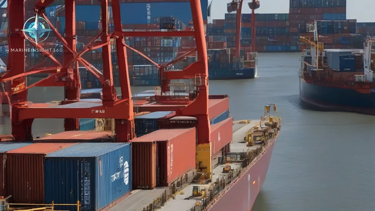 Battery electric container ship at a river terminal with containerised battery units and shore cables