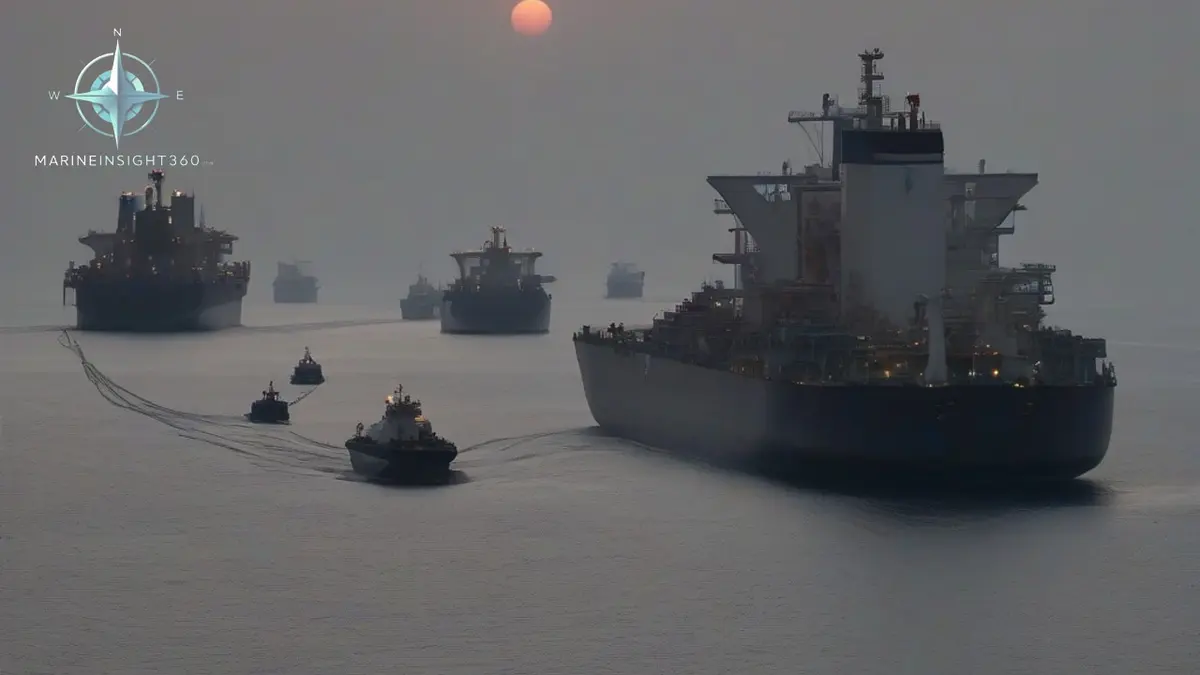 Laden crude and LNG carriers at anchor outside the Gulf at dusk with an escort craft moving between them