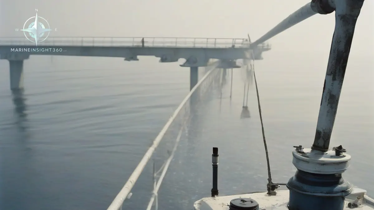 Bucket thermometer trailing over a merchant ship's bridge wing in a flat calm on the Arabian Sea