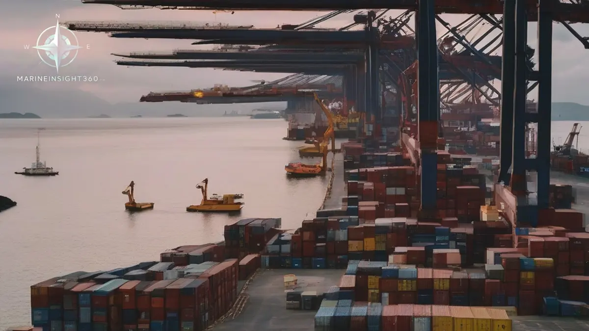 Container terminal on a Philippines coast at first light with a feeder vessel alongside