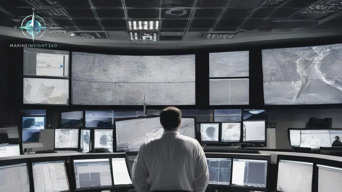Night shift at a fleet operations centre watching consolidated vessel alerts on wall displays