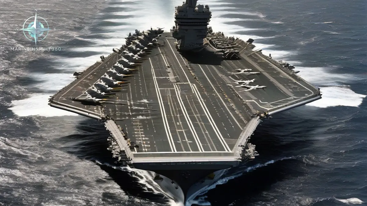 Nuclear powered aircraft carrier under way at sea with jets ranged along the grey flight deck