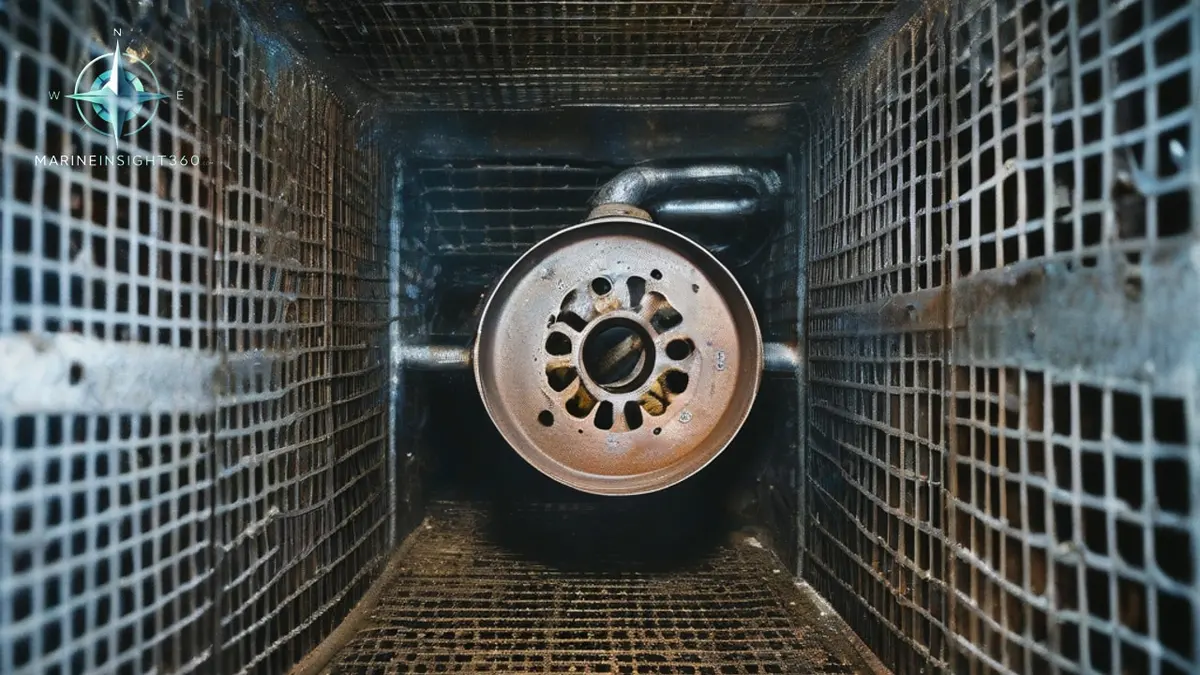 Bilge well and strainer in a ship engine room with oily water, suction piping and a float switch