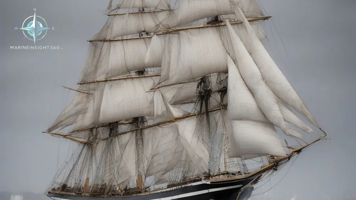 Square rigged clipper ship heeled under full sail on a grey ocean, seen close on the quarter