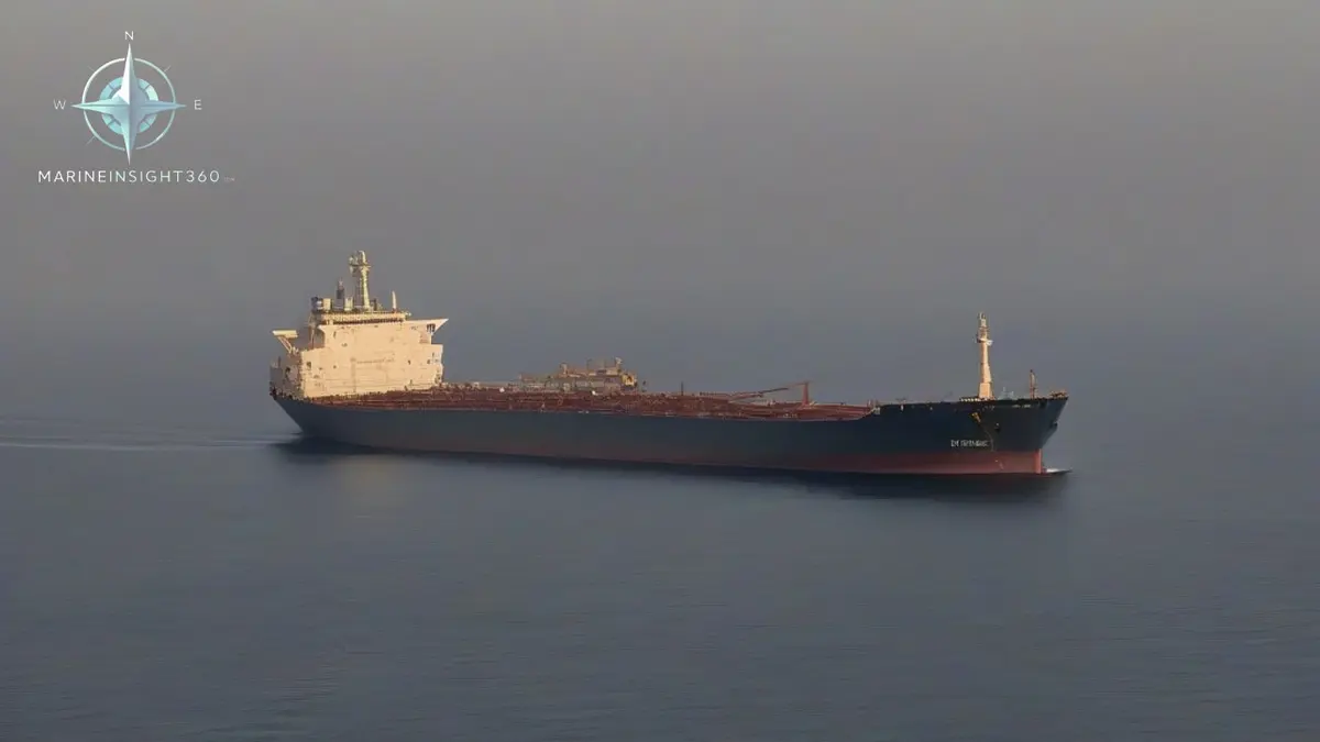 Laden product tanker transiting the narrow Bab el-Mandeb strait at first light with arid headlands close