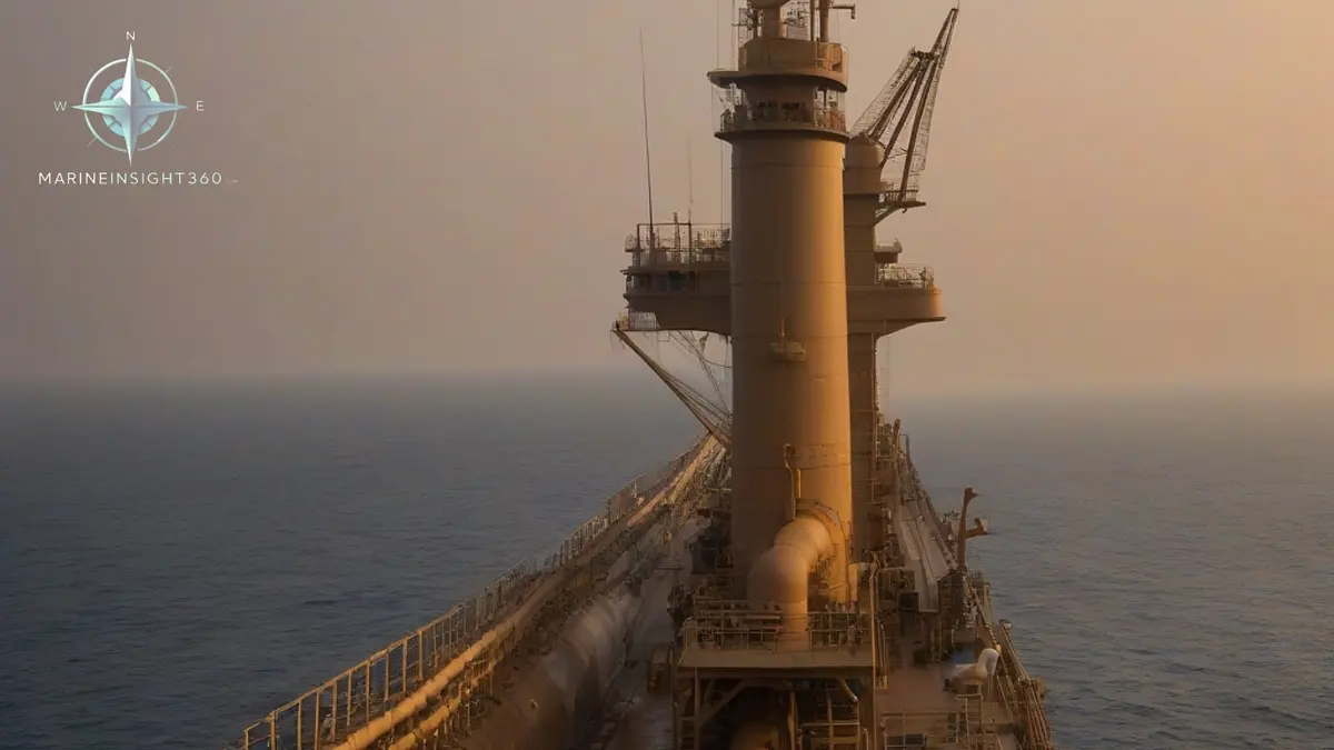 Laden tanker transiting the Gulf of Oman at dawn with the hazy Musandam ridges astern