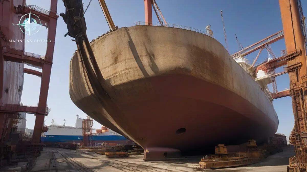 Bare hull of a bulk carrier in dry dock showing the bulbous bow, boot topping and blasted plating