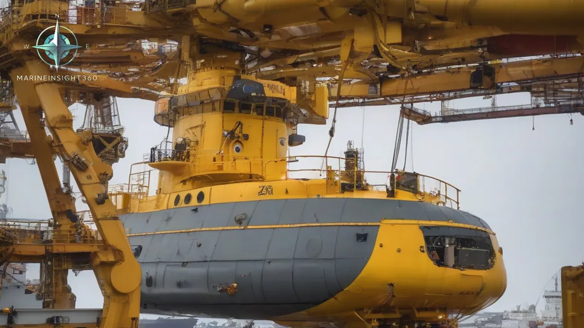 Yellow submarine rescue vehicle cradled on the aft deck of a support ship in a cold northern port