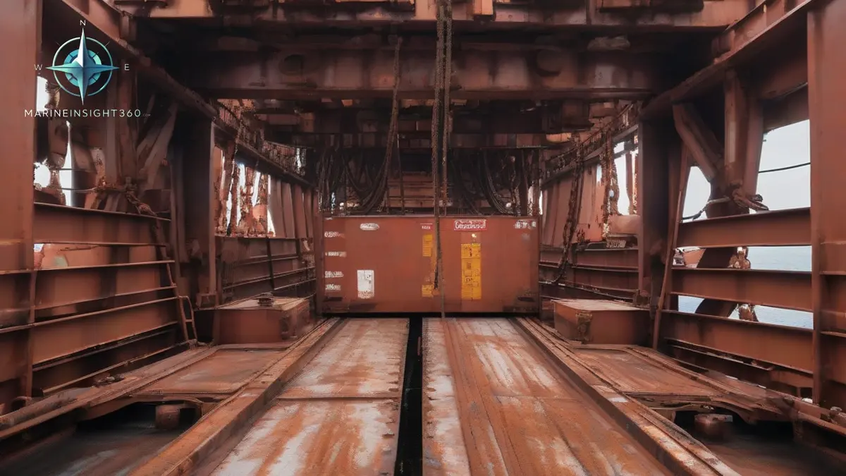 Containers lashed five high on a container ship deck with lashing rods and turnbuckles in view