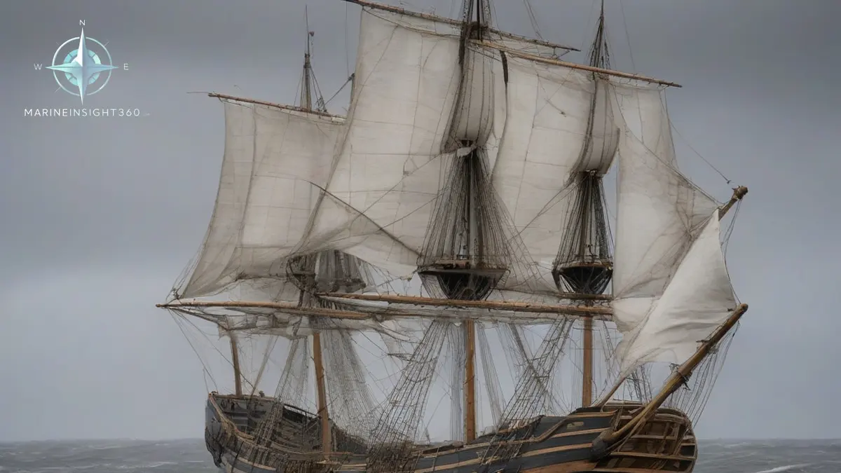 Square-rigged seventeenth century merchant ship of the Mayflower type working west in an Atlantic swell