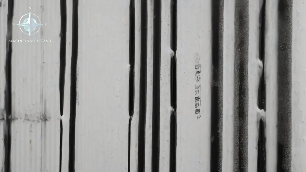 Plimsoll line and load line marks painted on a weathered cargo ship hull at the waterline