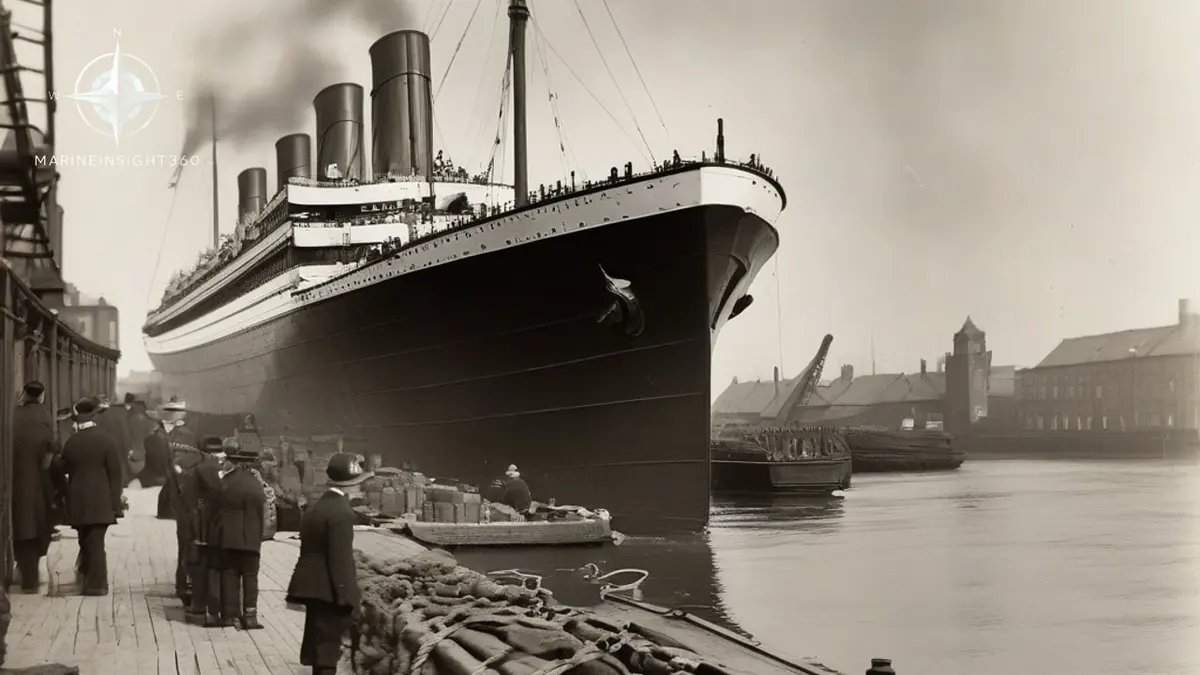 Period Olympic class ocean liner alongside a stone quay with wooden lifeboats on the boat deck