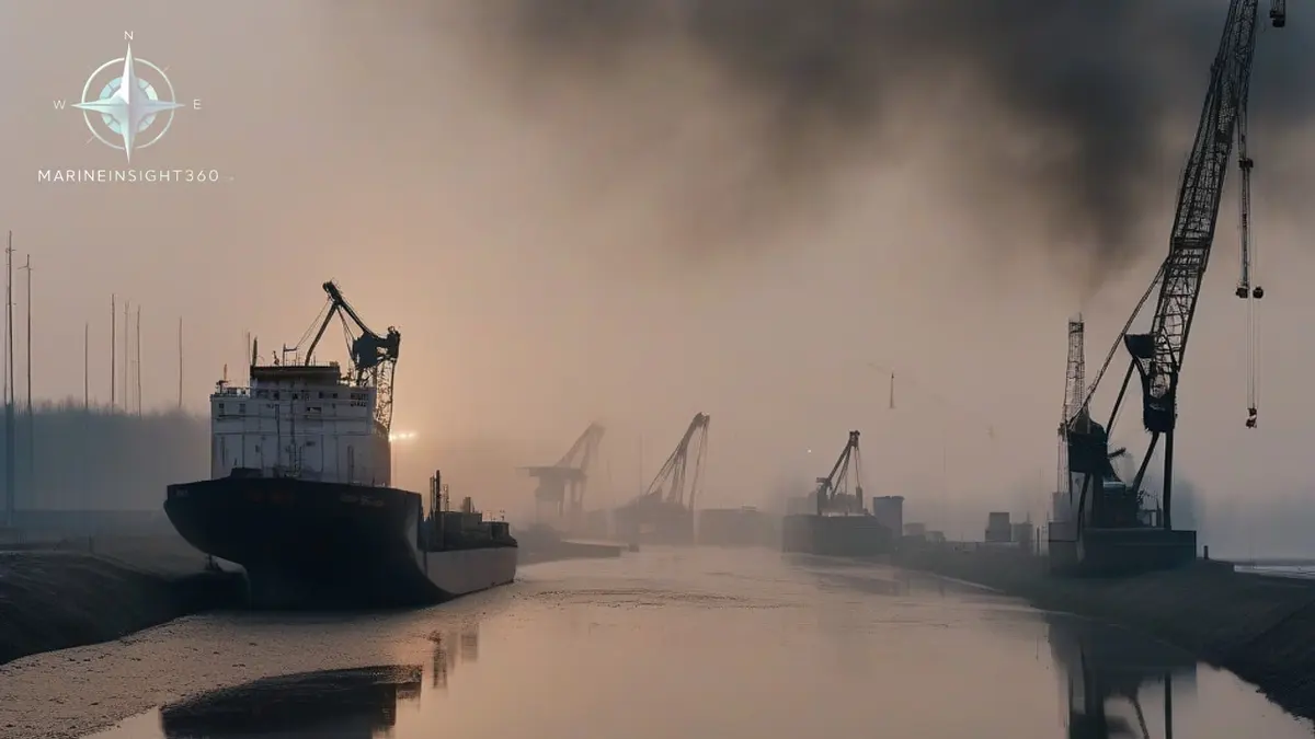 Idle gantry cranes over a moored river barge at a Moscow region cargo port at dawn