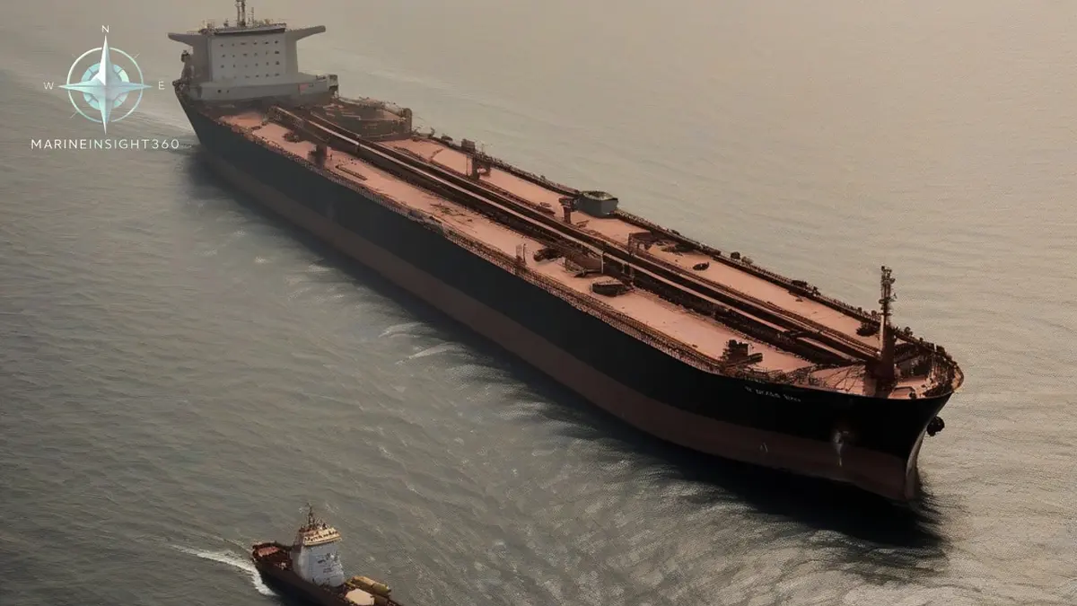 Laden crude oil tanker transiting the Strait of Hormuz with a fast patrol craft crossing astern