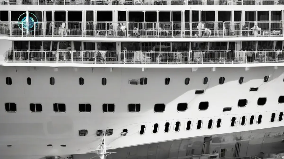 Modern mega cruise ship berthed alongside a city terminal, its balcony tiers towering over the quay buildings