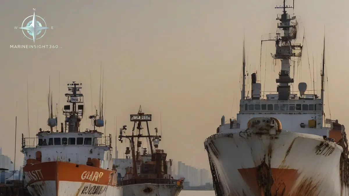 White-hulled coast guard patrol vessels at anchor off Manila Bay at dawn seen from a merchant ship