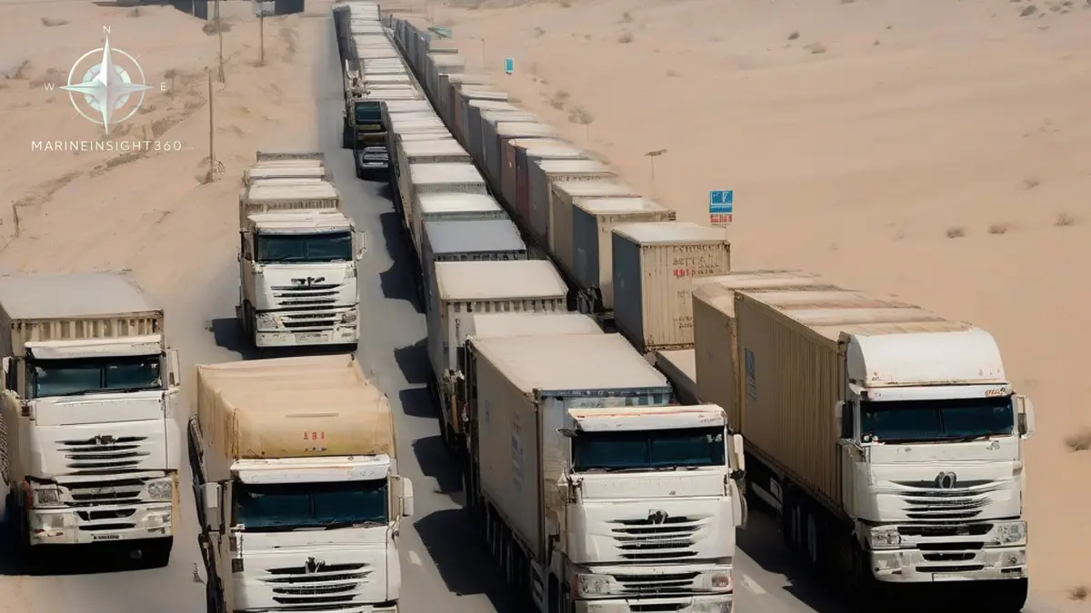 Container trucks queued on a desert highway at an Arabian Peninsula border crossing