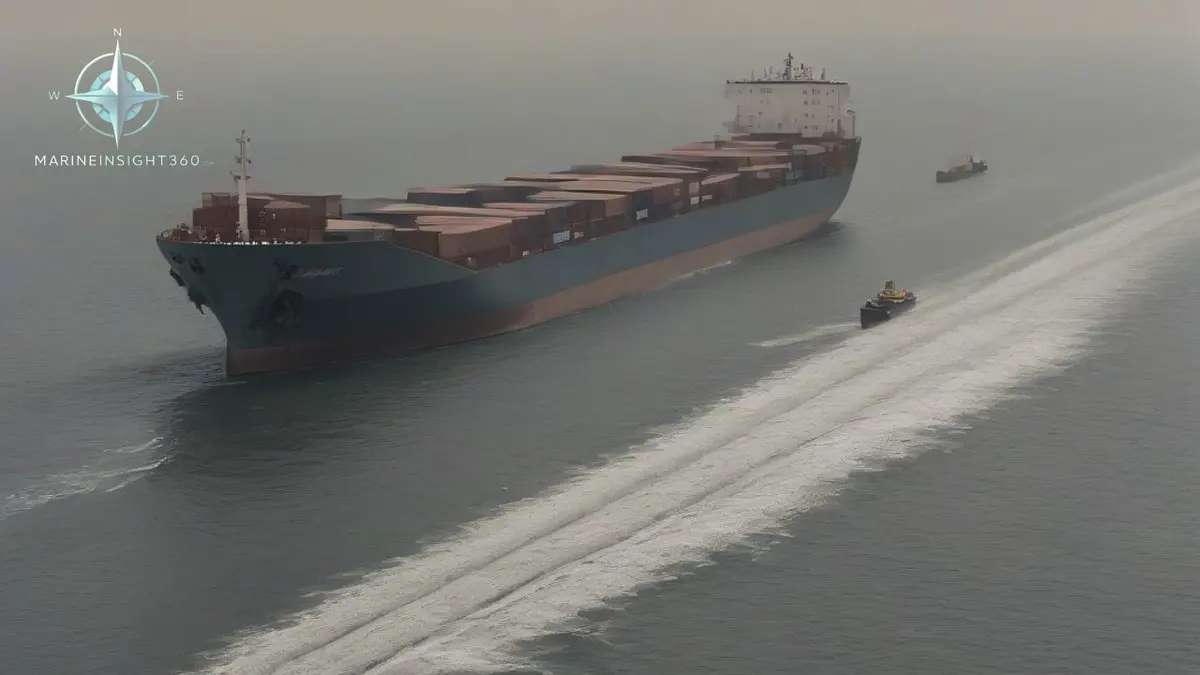 Bulk carrier and container ship passing on flat hazy water with a warship holding station between