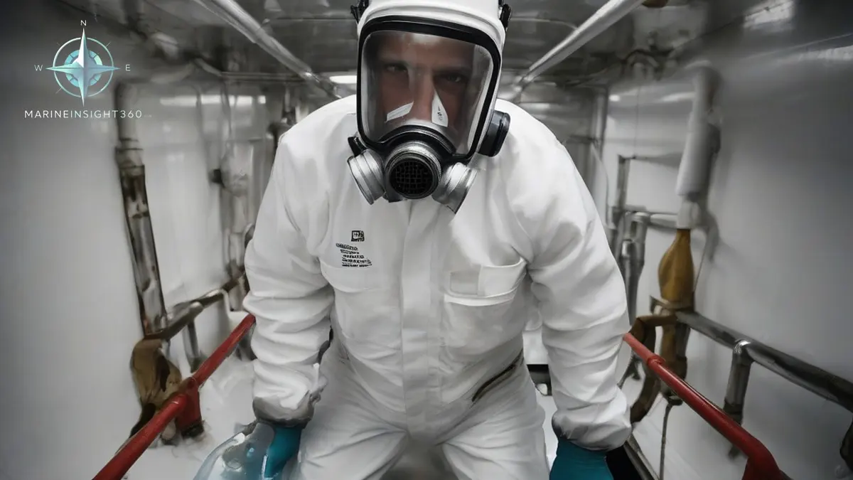 Surveyor rinsing a marked area of a chemical tanker cargo tank wall during a wall wash test