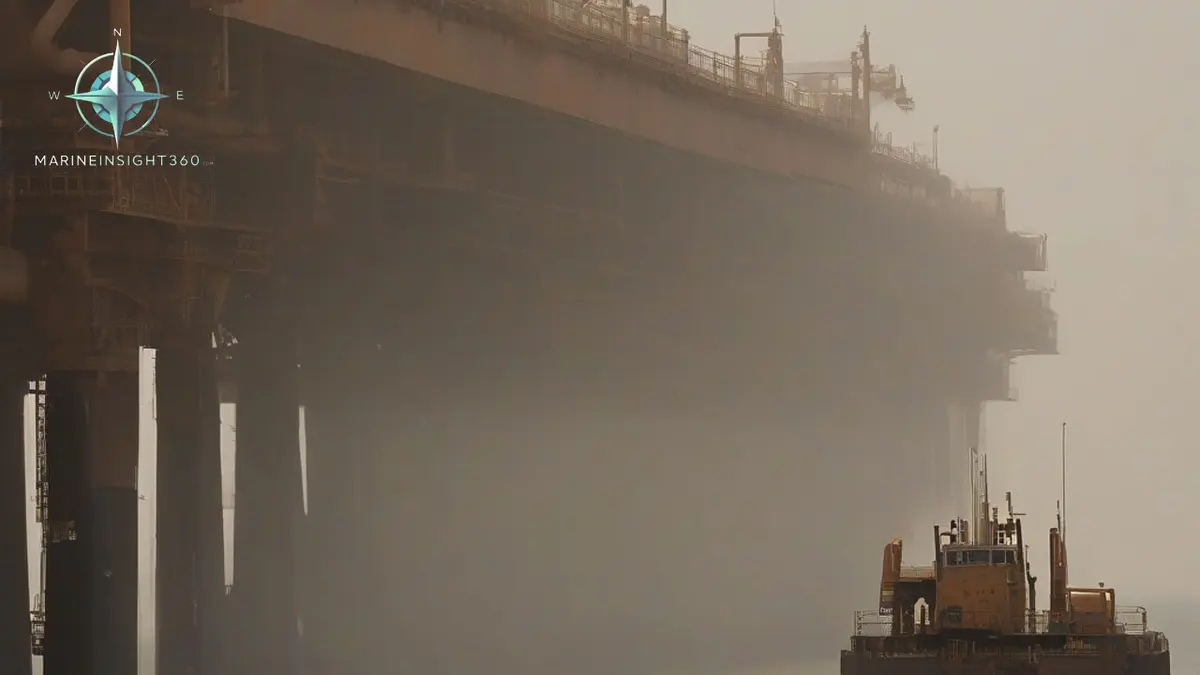 Idle crude oil export jetty in Kuwait with parked loading arms and a tanker anchored offshore