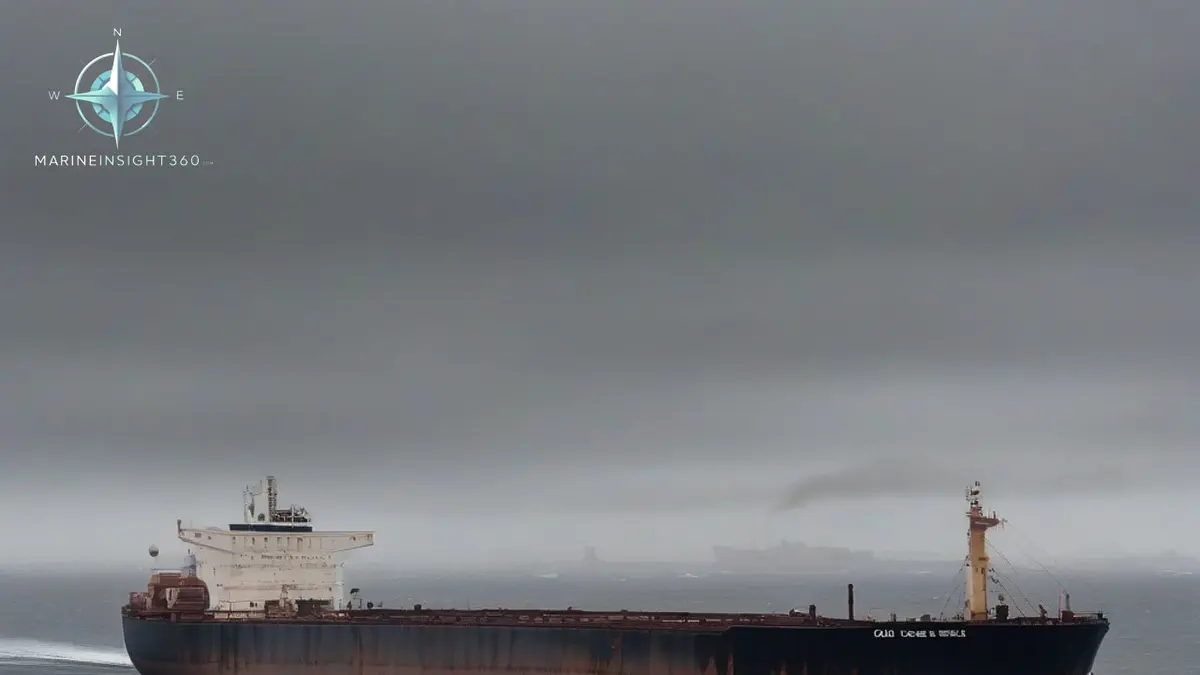 Ageing crude oil tanker under way at sea with a rust-streaked hull and painted-over name markings