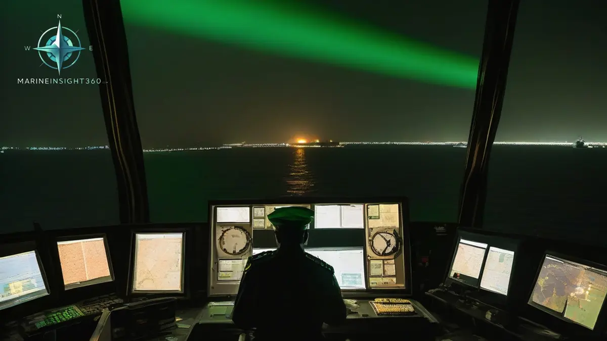 Officer of the watch and a lookout silhouetted on a darkened bridge transiting the Strait of Hormuz