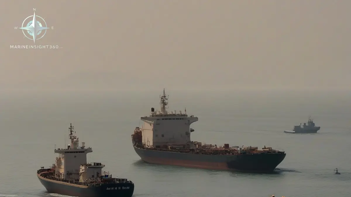 Crude oil tanker stopped in the Strait of Hormuz as a naval helicopter and boarding boat approach