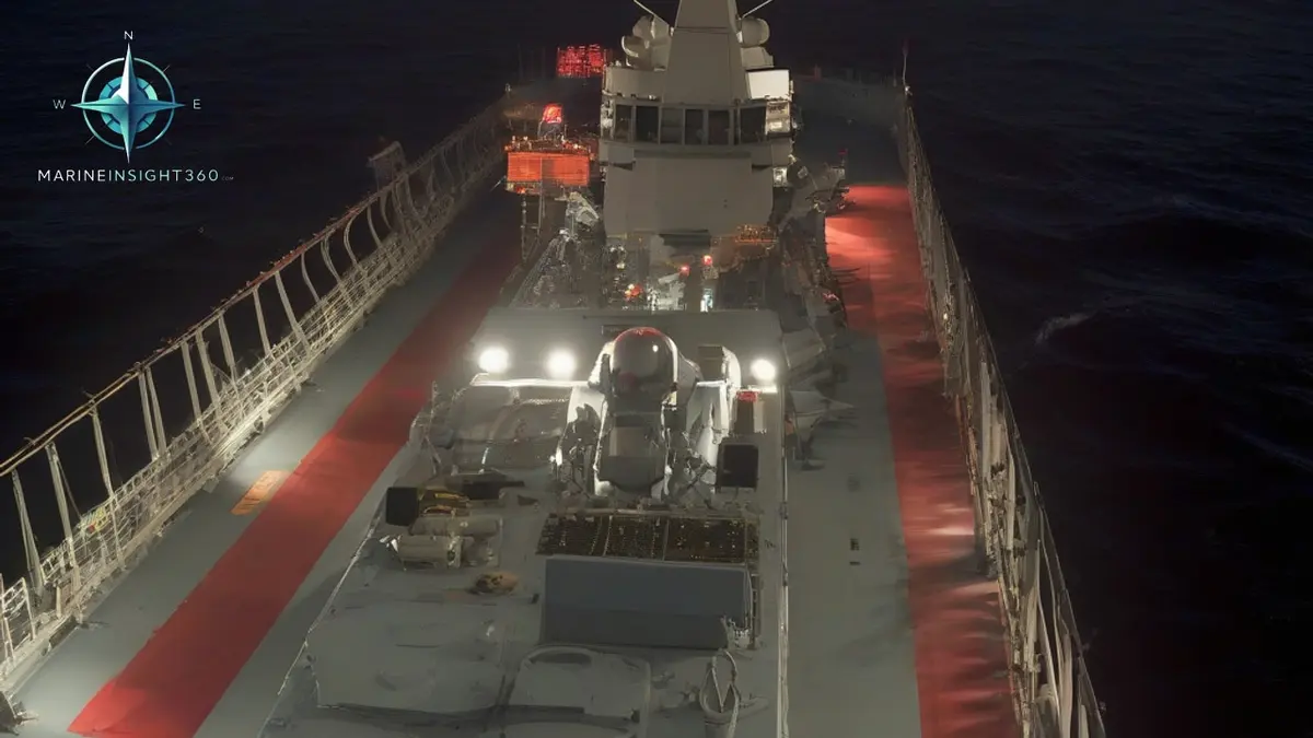 Guided missile destroyer under way at night in the northern Gulf with a silhouetted bridge lookout