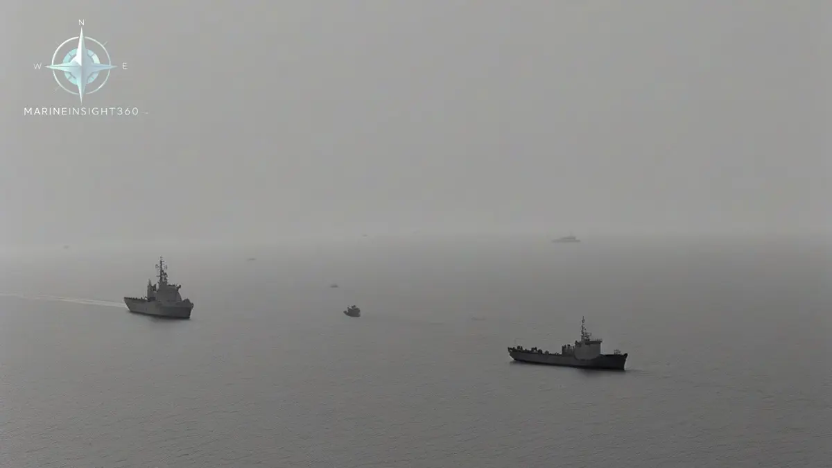 Empty shipping lane in the Strait of Hormuz with a lone patrolling warship and stony shore
