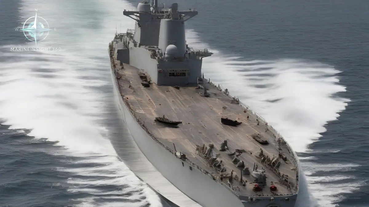 Grey warship closing on a rust-streaked coastal tanker with a boarding boat running between them