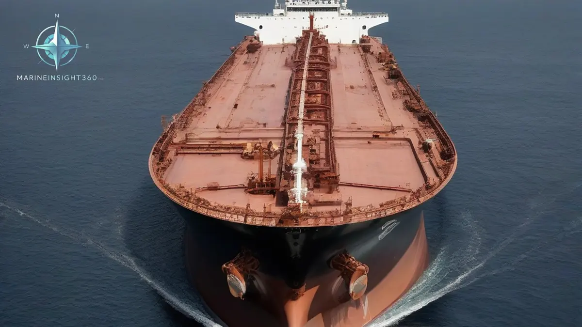 Loaded crude oil tanker under way in the Strait of Hormuz with a patrol craft standing off