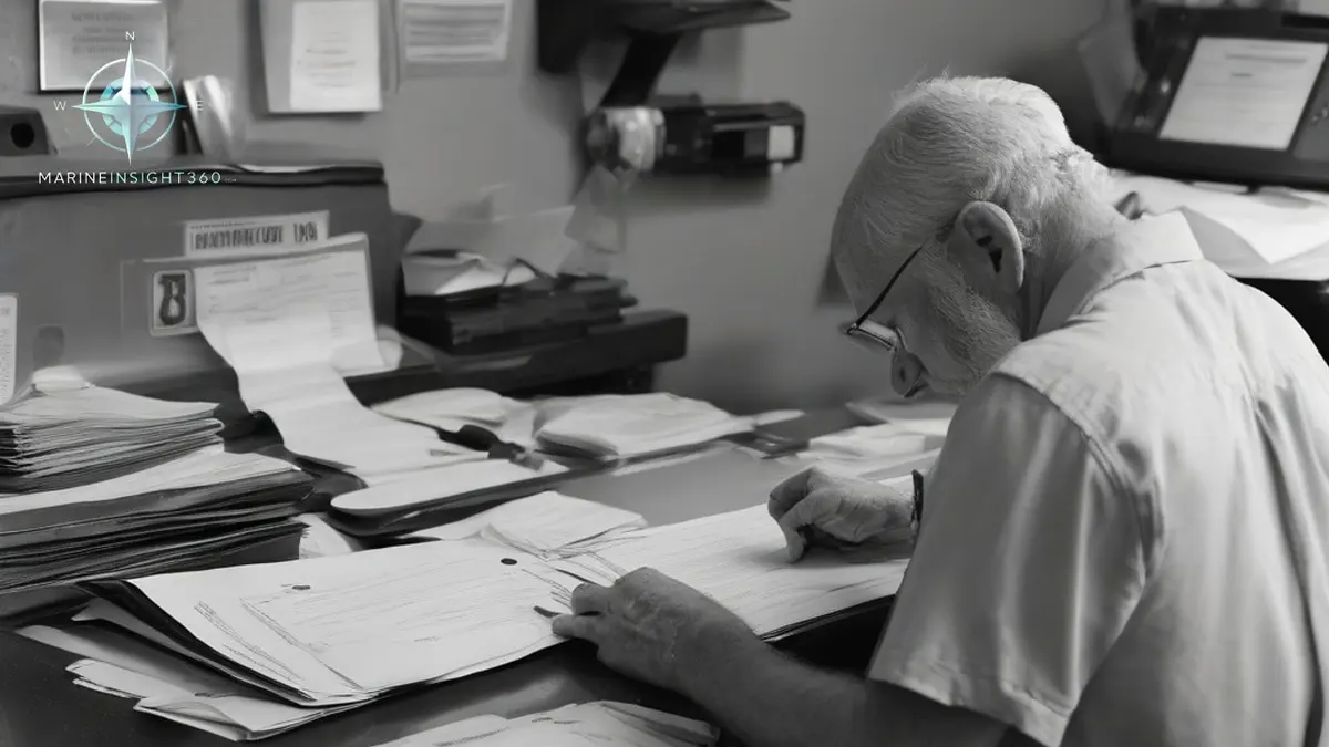 Merchant mariner completing a Coast Guard credential renewal package at a ship's office desk