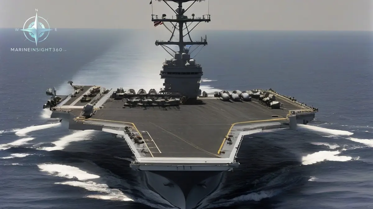 US Navy aircraft carrier and an escorting destroyer seen from the bridge wing of a merchant ship