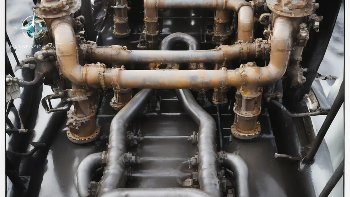 Crude oil tanker manifold with the cargo arm and vapor return line connected during loading