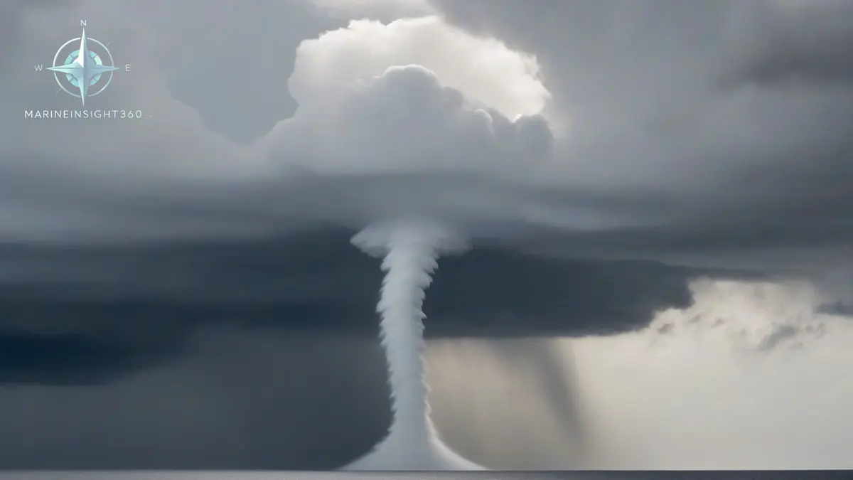 Waterspout funnel between a cumulus cloud and the sea with a ring of spray at its base