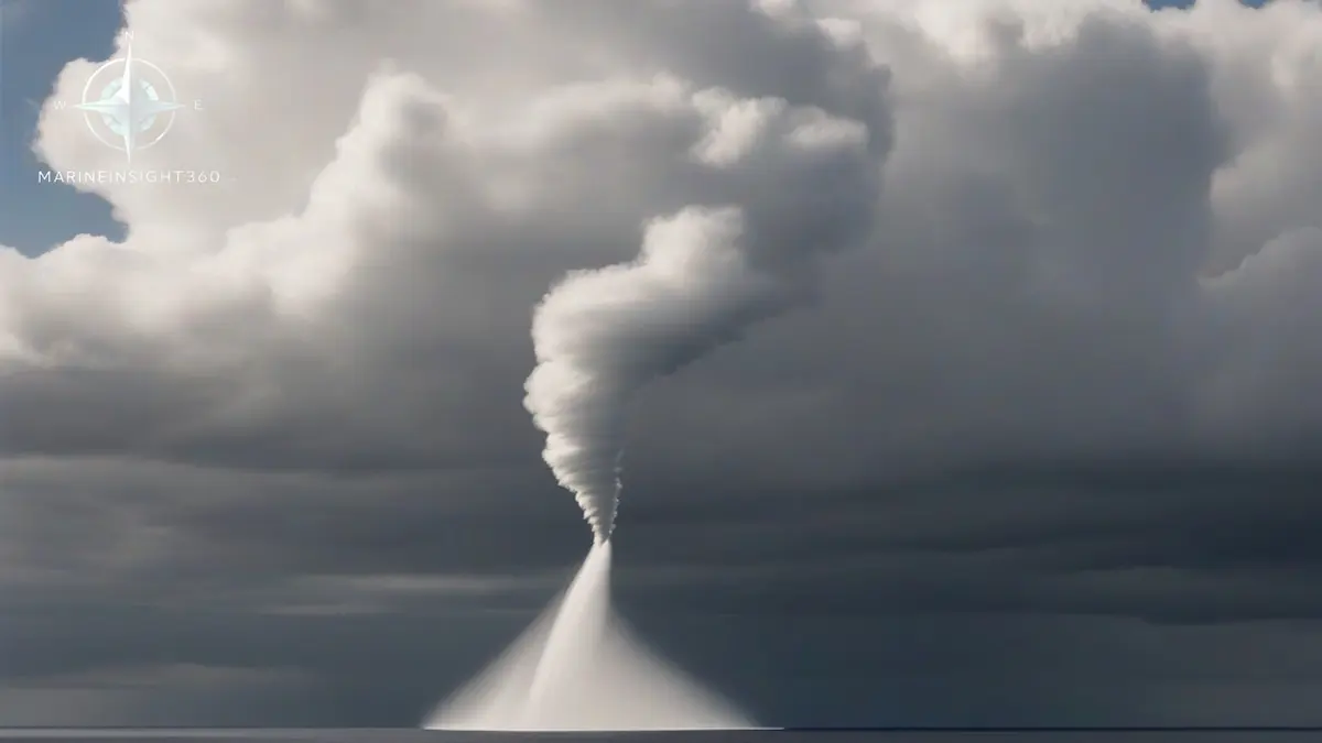 Fair weather waterspout funnel reaching from a cumulus cloud base to a ring of spray on the sea