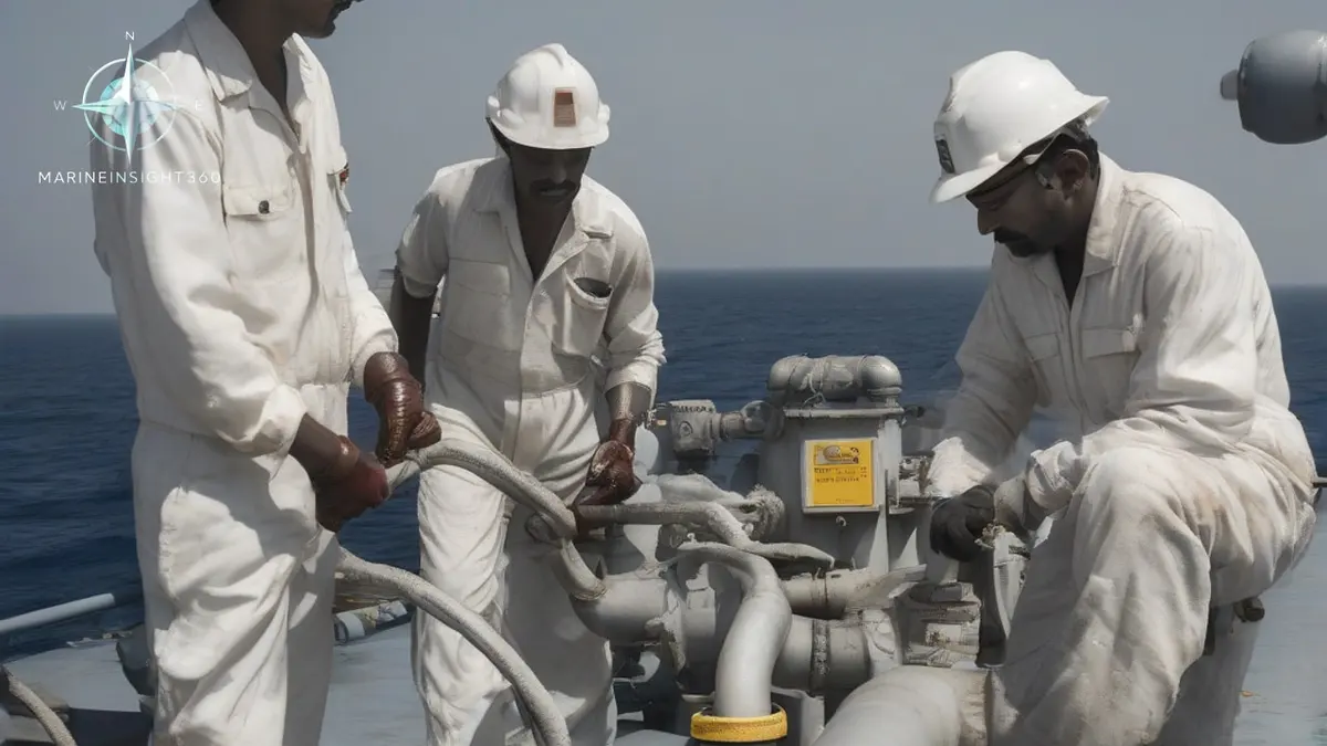 Seafarers in coveralls hauling a fire hose along the pipework of an ageing product tanker