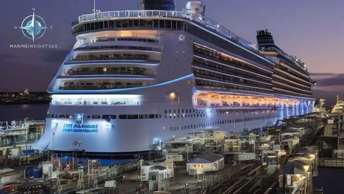 Large cruise ship alongside a harbour berth at dusk with lit balcony decks and lifeboats