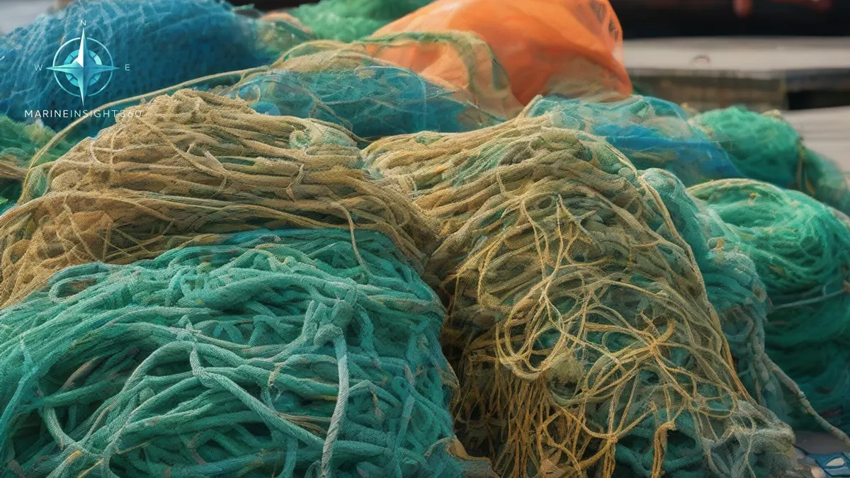 Stacked commercial fishing nets, ropes and floats piled on a wet quayside at a fishing harbour