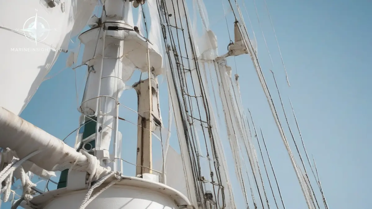 Foremast of a cargo ship carrying a radar scanner, antennas and a masthead navigation light