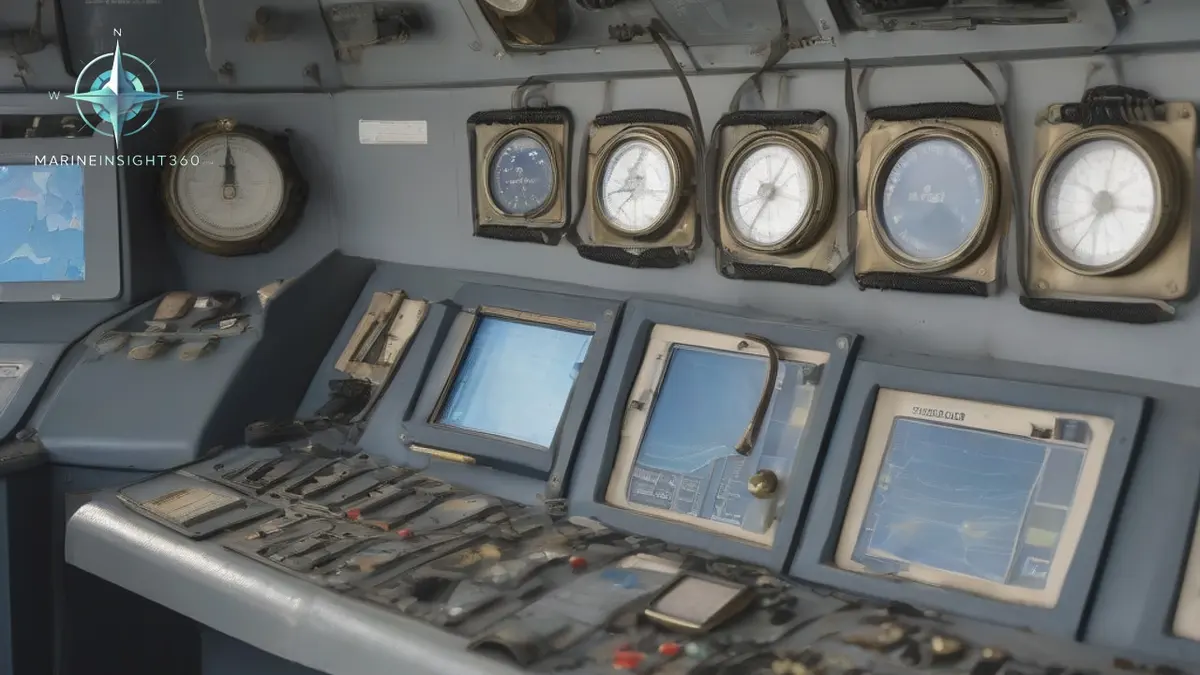 Ship bridge console with the speed log repeater showing vessel speed in knots beside radar and ECDIS